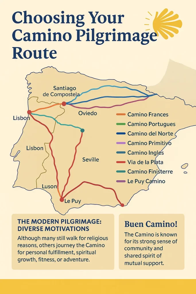 Infographic map showing various Camino Pilgrimage Routes across Spain and Portugal, including Camino Frances, Camino Portugues, Camino del Norte, and others, highlighting motivations and community spirit behind the journey