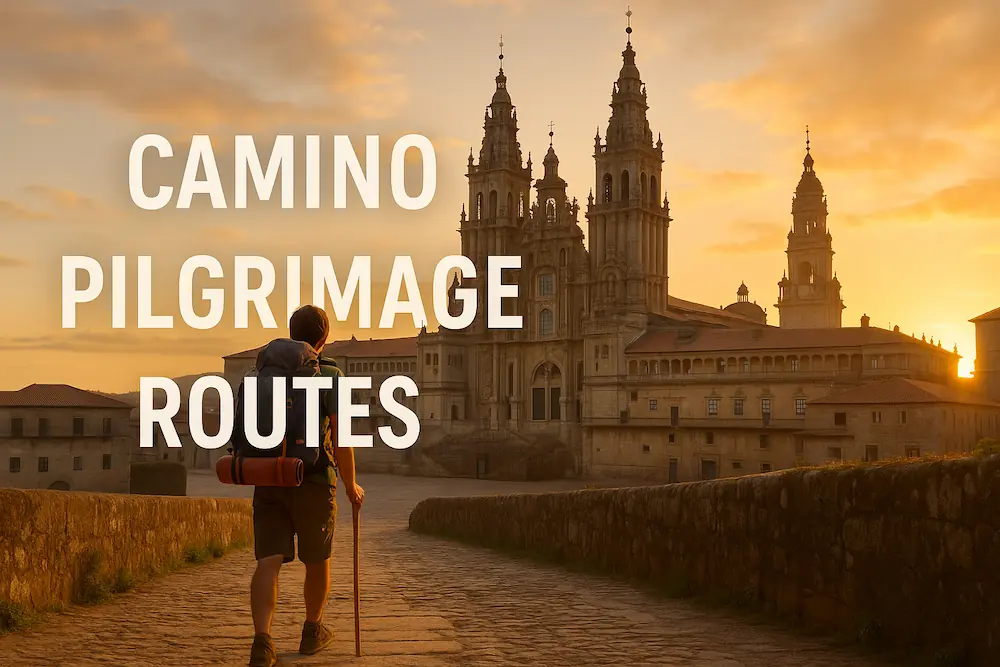 Pilgrim walking toward Santiago Cathedral on the Camino Pilgrimage Routes.