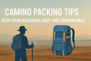 Camino packing tips cover with pilgrim and backpack in scenic landscape.
