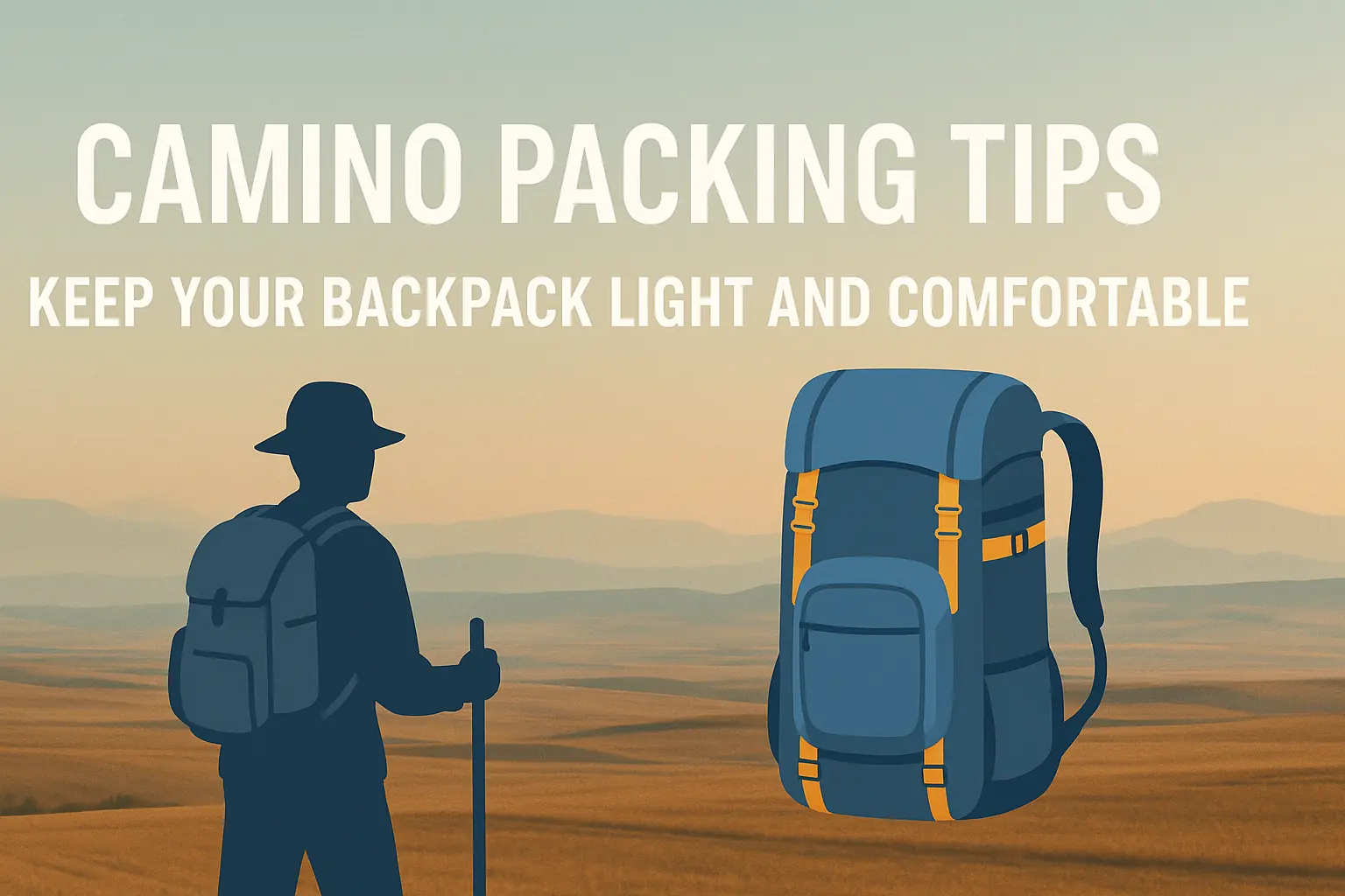 Camino packing tips cover with pilgrim and backpack in scenic landscape.