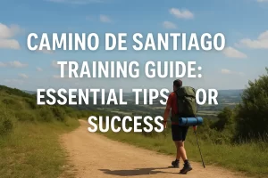 Hiker with backpack walking on a dirt path through scenic countryside under blue skies, representing the Camino de Santiago training guide journey.