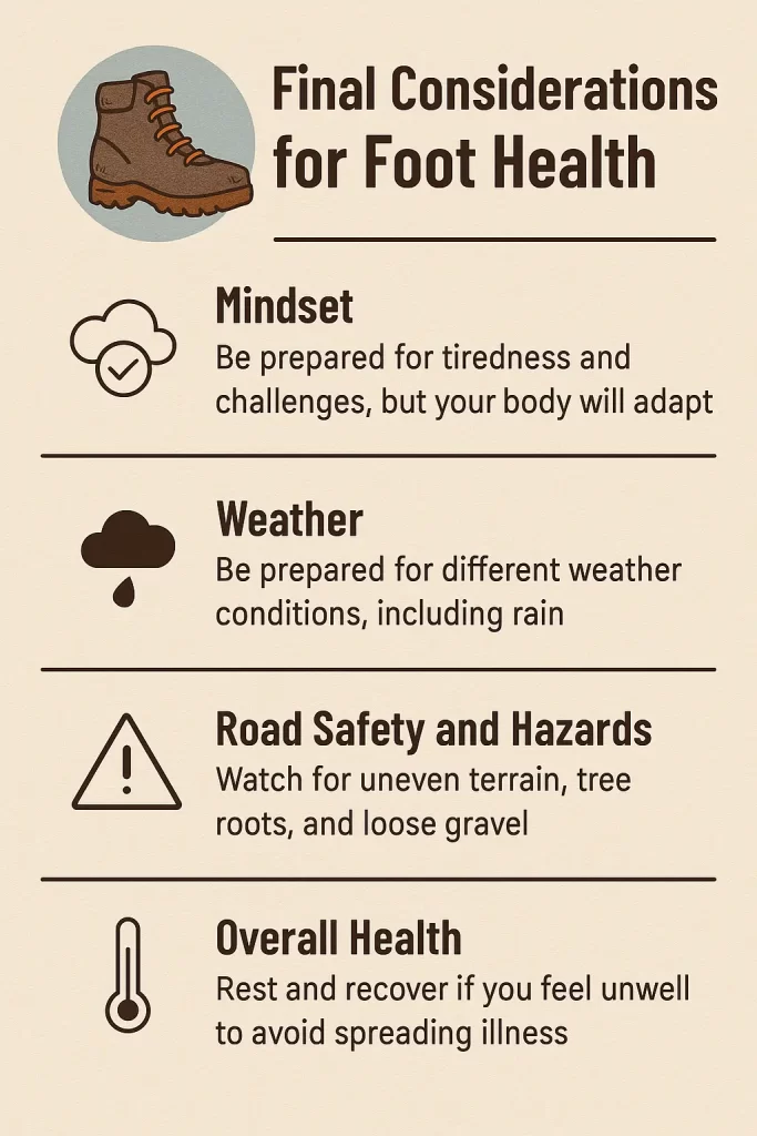 Infographic illustrating Camino foot care tips with final considerations on mindset, weather, road safety, and overall health for a successful pilgrimage.