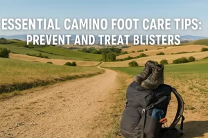 Backpack and hiking boots on the Camino trail with scenic countryside, illustrating Camino foot care tips