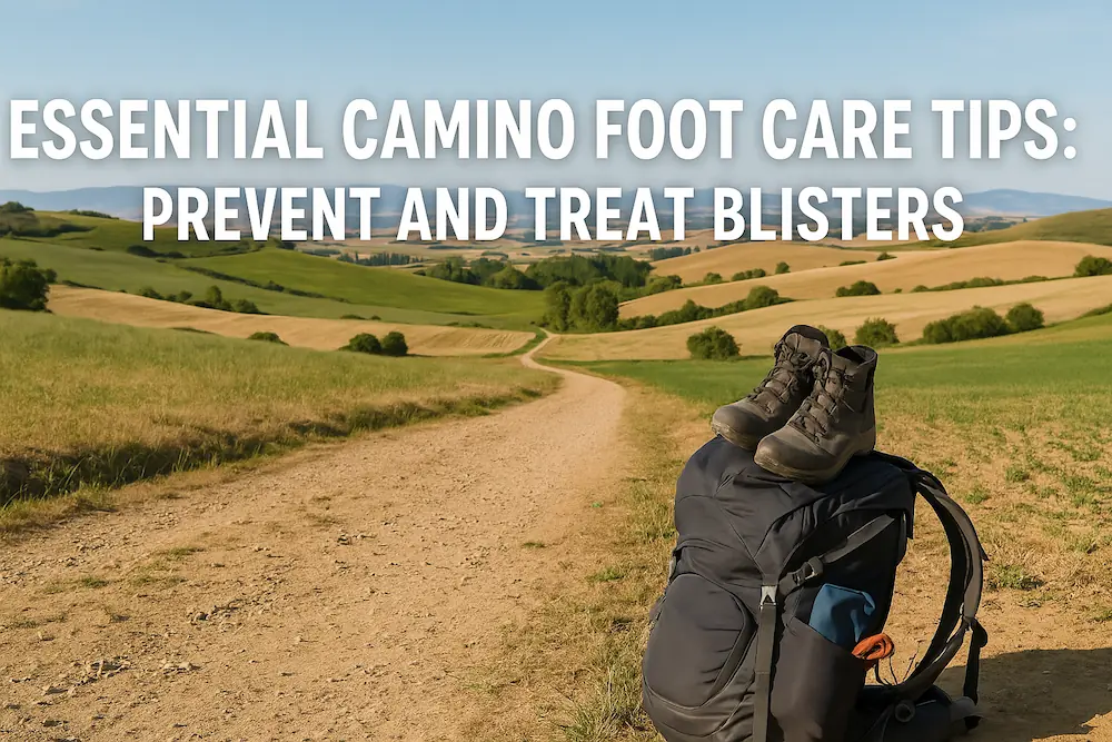 Backpack and hiking boots on the Camino trail with scenic countryside, illustrating Camino foot care tips