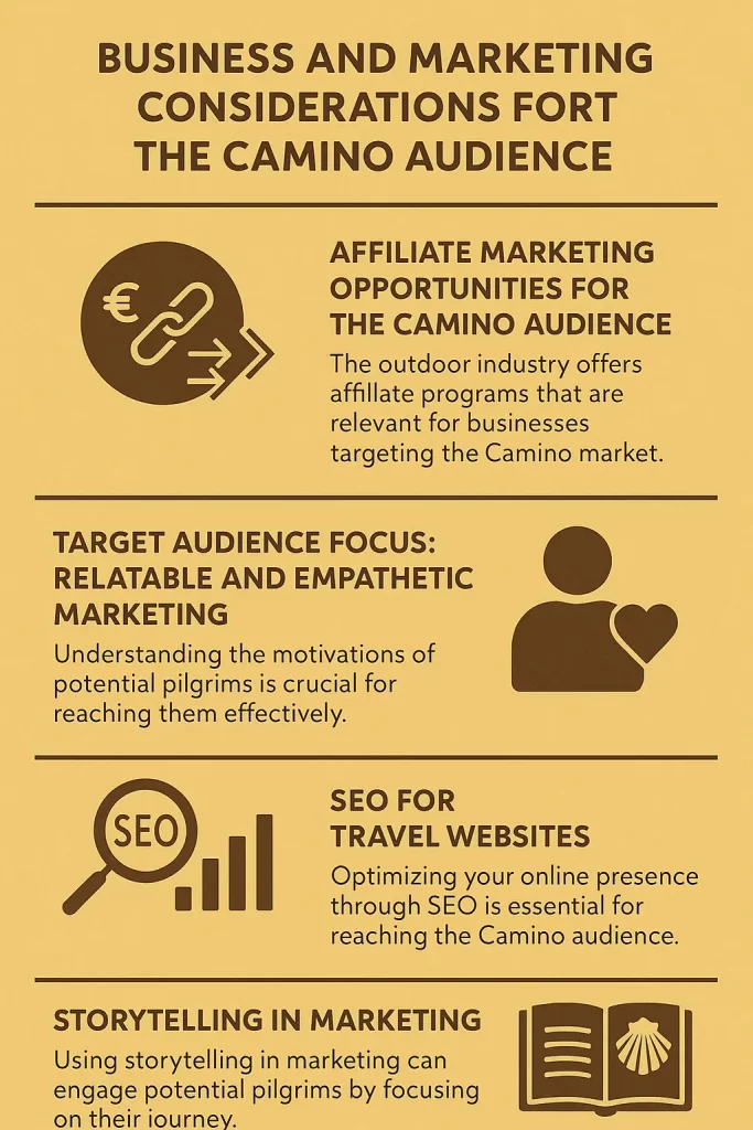 Infographic on business and marketing strategies for preparing for the Camino de Santiago, including affiliate marketing, SEO, audience targeting, and storytelling tips
